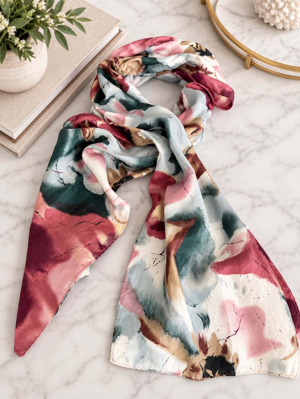 Vintage Abstract Floral Print Long Silk Scarf Multicolored